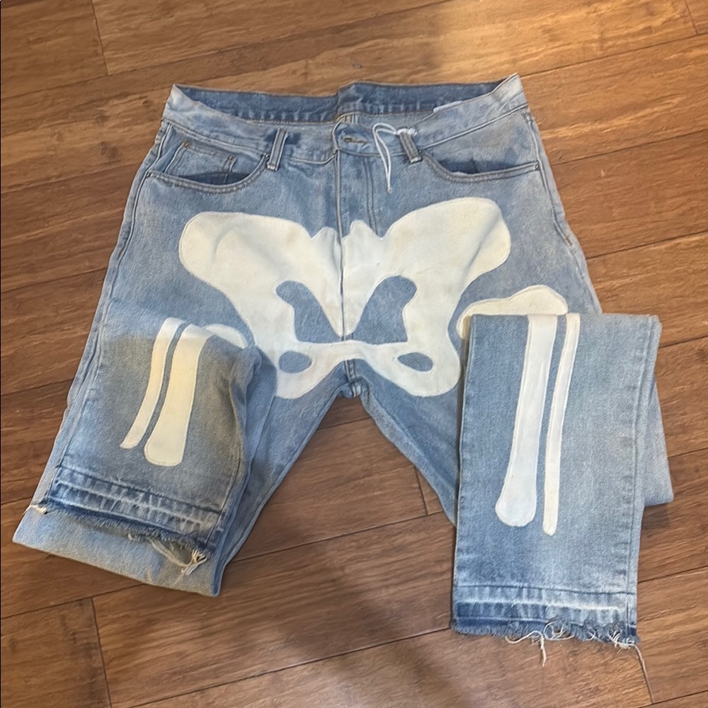 Men's Blue Jeans with White Skull Design